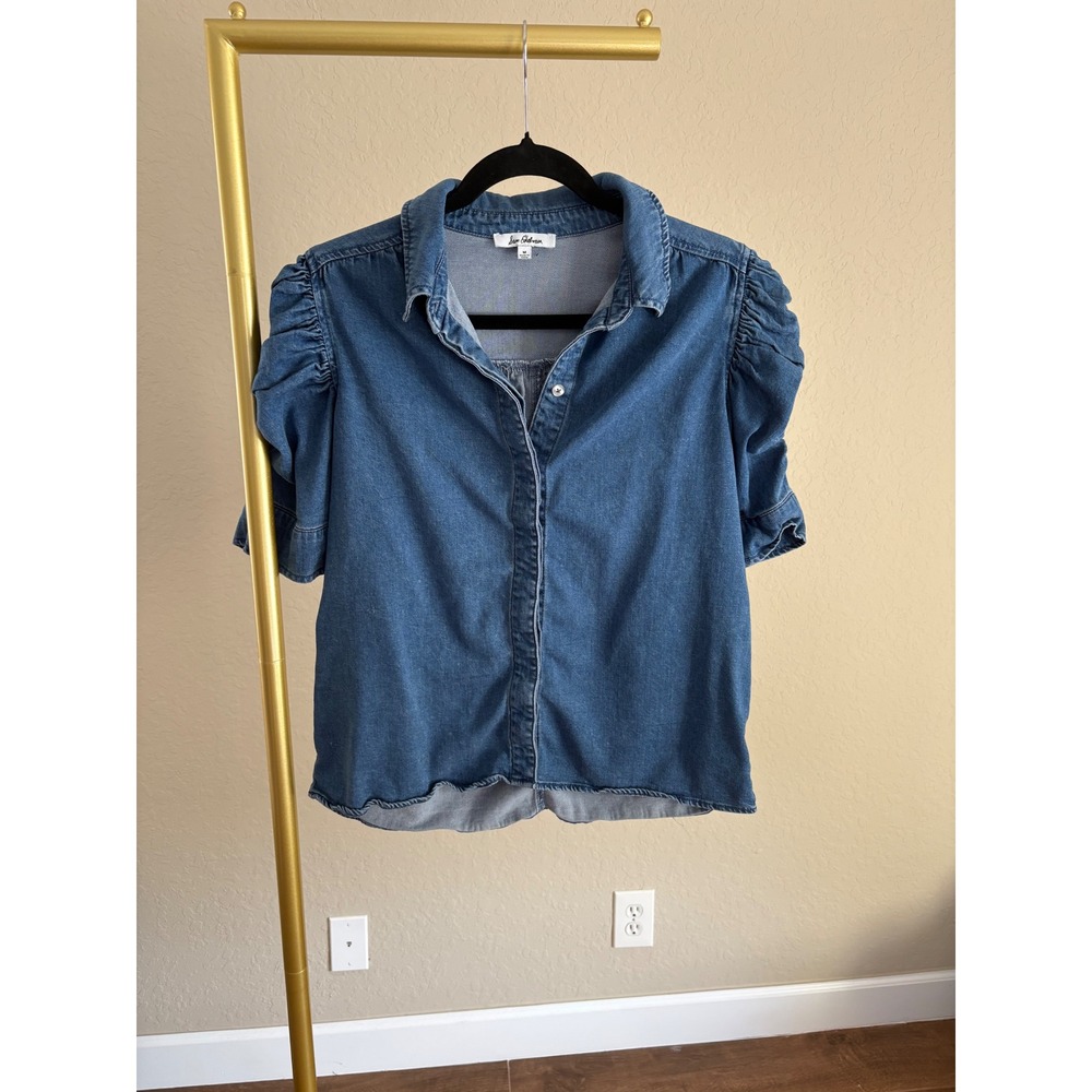 Sam Edelman Denim Top Puff Ruched Sleeve Lyocell Blend M Capsule Minamalist